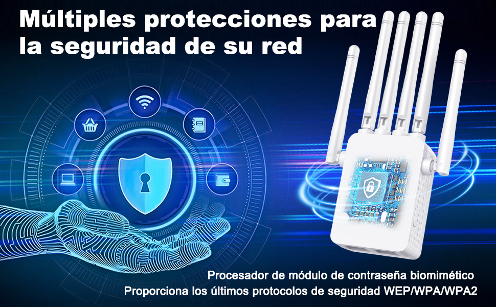 El texto dice «Múltiples protecciones para la seguridad de su red». Interfaz de seguridad digital en tonos azules que muestra iconos y símbolos de protección.