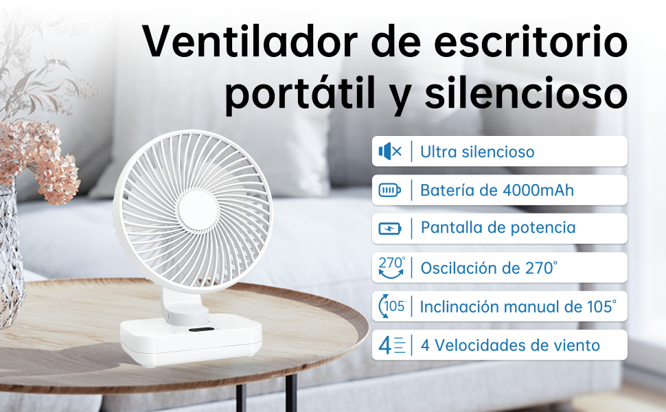 El texto dice «Ventilador de escritorio portátil y silencioso». El ventilador de escritorio blanco se muestra sobre la mesa con las características del producto en texto en español.