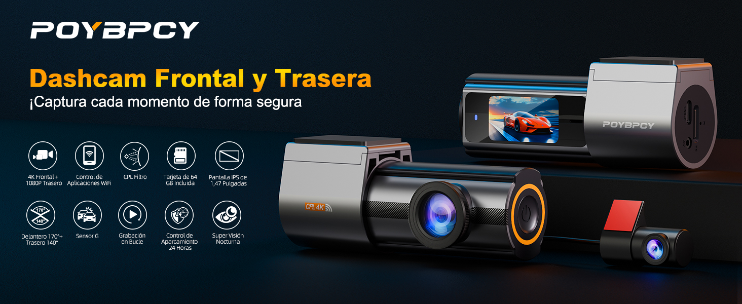 de cámara para salpicadero de doble cámara con unidades delantera y trasera. Las características incluyen visión nocturna, GPS, modo de estacionamiento y detección de movimiento. La unidad principal tiene un diseño cilíndrico con detalles en naranja.