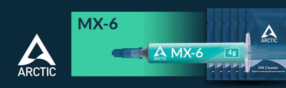 Arctic MX-6. Embalaje azul y verde azulado con el logotipo de Arctic. El nombre y el logotipo del producto son claramente visibles en la jeringa y la caja.