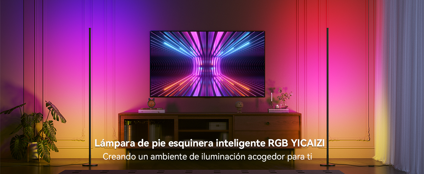 Configuración para juegos con tiras de iluminación LED RGB que crean efectos de iluminación ambiental de color rosa y morado detrás de un monitor o pantalla de TV.