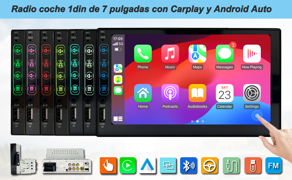 de 7 pulgadas con pantalla táctil que muestra las interfaces CarPlay y Android Auto. Cuenta con coloridos iconos de aplicaciones y controles de música en un formato de pantalla ancha de gran tamaño