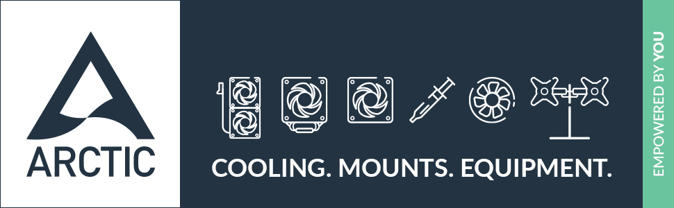 de productos de refrigeración para ordenadores con el logotipo e iconos de ARCTIC que representan ventiladores de refrigeración, pasta térmica y equipos de montaje sobre un fondo oscuro.