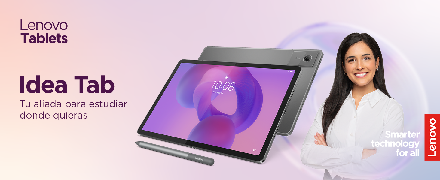 El texto dice «Lenovo Tablets» y «Idea Tab». El anuncio muestra una tableta con pantalla morada y lápiz óptico, con un elegante diseño gris.