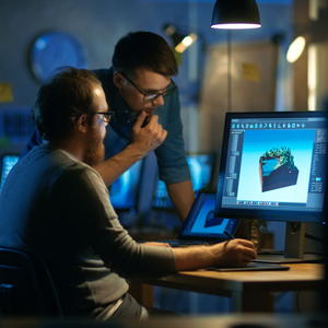 Dos hombres mirando una imagen de alta resolución en la pantalla de una computadora de escritorio