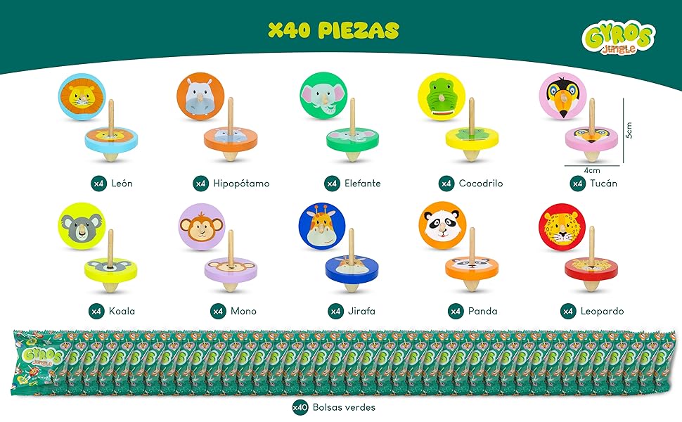 Peonzas de animales con bolsas cumpleaños infantil