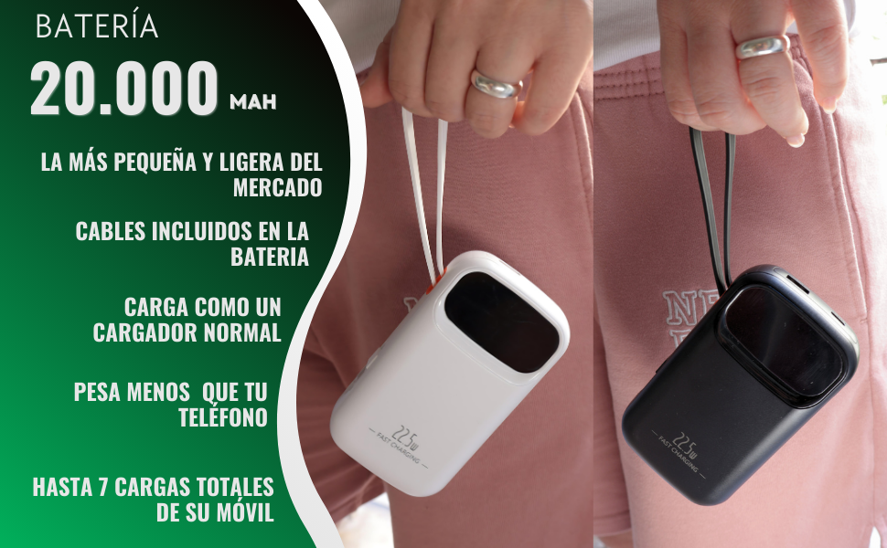 Bateria externa carga rapida con 20000 mah, power bank portatil con cargador usb c w iphone