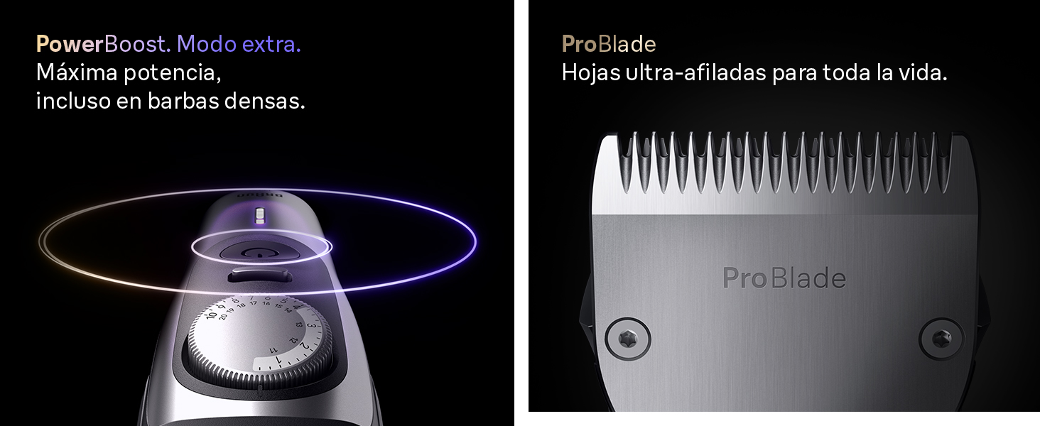 Primer plano de la recortadora de barba Braun Series 9 con PowerBoost y modo estándar.