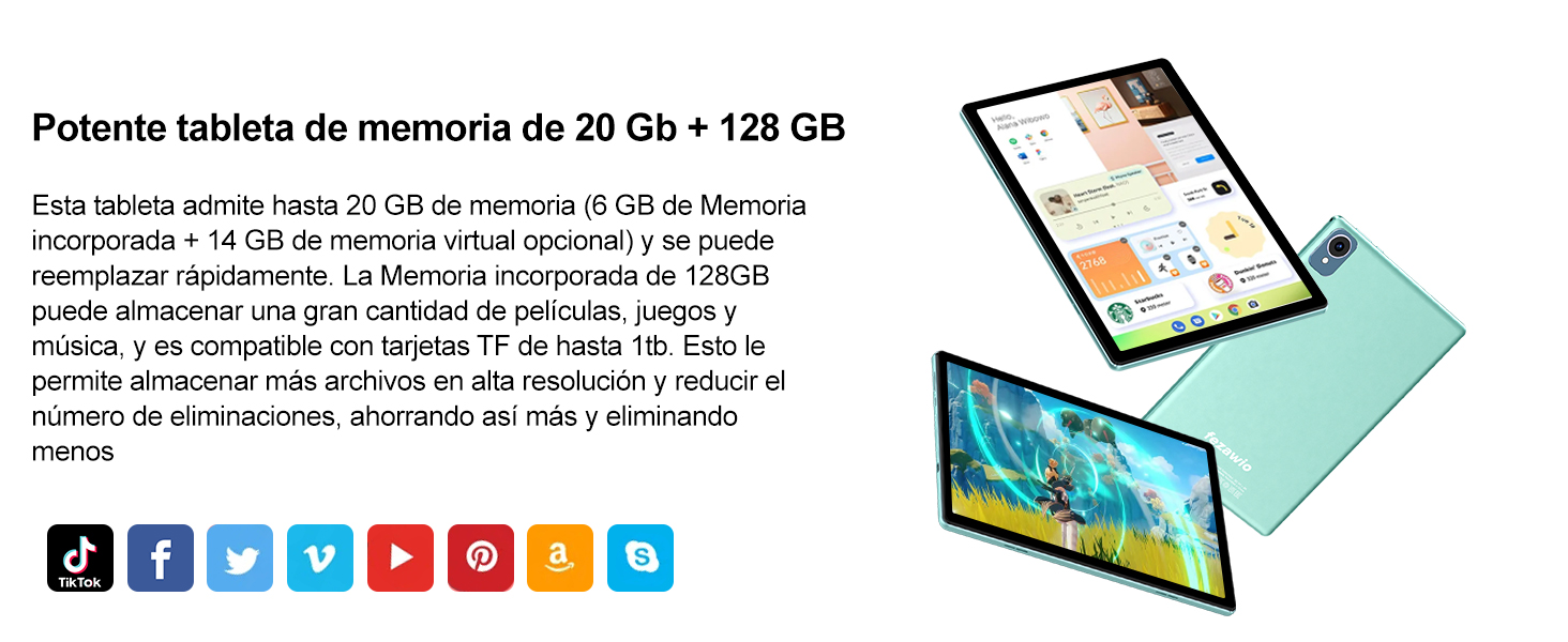 con fondo azul claro, que muestra una escena de la naturaleza en la pantalla. El texto describe 20 GB de RAM, 128 GB de almacenamiento y la compatibilidad con tarjetas TF de hasta 1 TB
