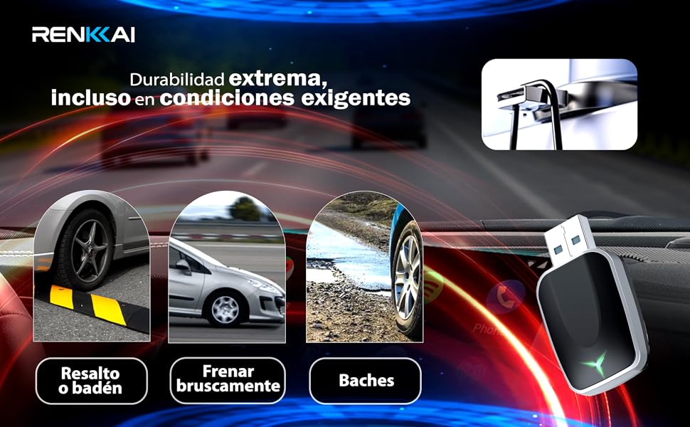 El texto dice «RENK AI», «Durabilidad extrema, incluso en condiciones exigentes». Muestra escenarios de pruebas automotrices con las etiquetas «Resiste a bailen», «Freno» y «Baches» con imágenes de neumáticos y frenos.