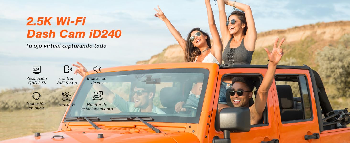 en un día soleado con gente dentro. El texto superpuesto dice «Dash Cam ID240 con Wi-Fi de 2,5 K», lo que sugiere que