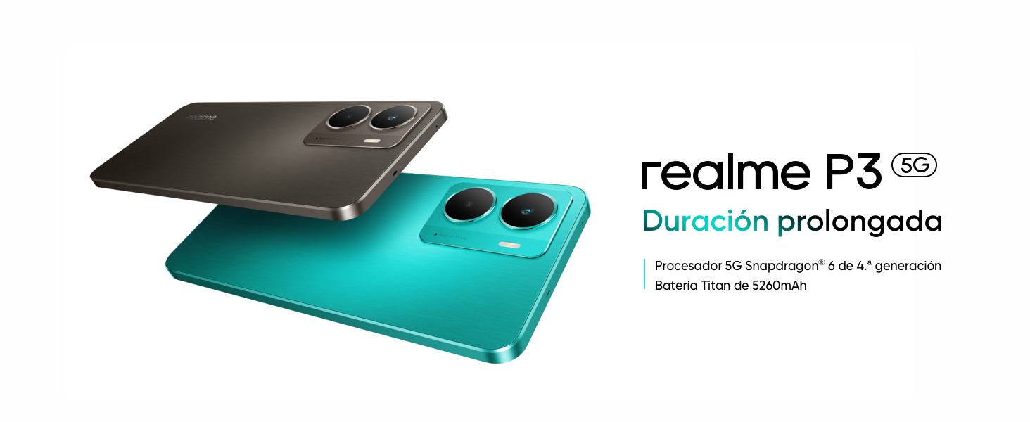 Imagen promocional del producto que muestra el dispositivo 'realme P3' en color turquesa con texto sobre protección extendida.