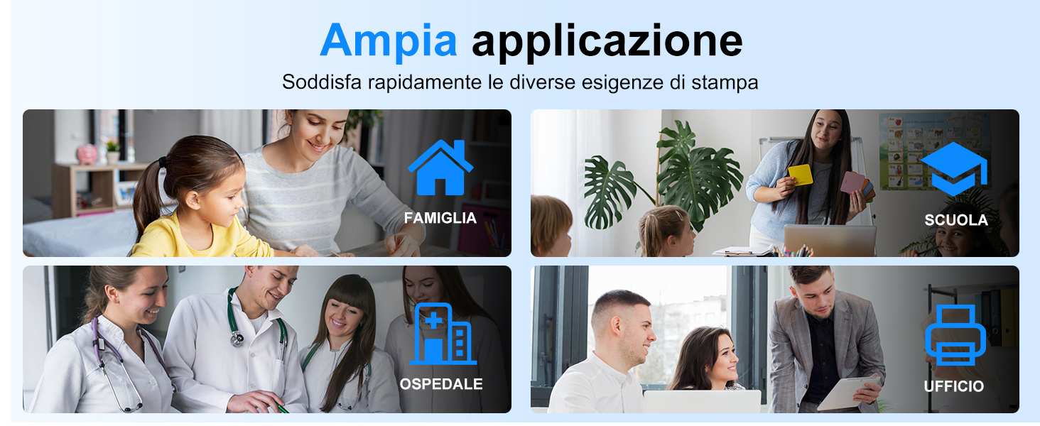 Imagen compuesta que muestra cuatro escenarios: familia, escuela, hospital y oficina. Cada panel presenta a personas en diferentes entornos, lo que ilustra las diversas necesidades de impresión con iconos y etiquetas adjuntos