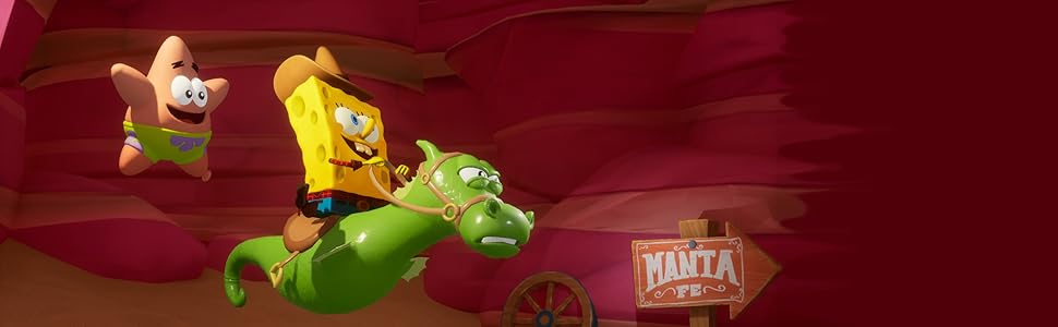 Bob Esponja vaquero en su caballito de mar de confianza en dirección a Manta Fe, Patrick flota detrás de él. Garra Yeee