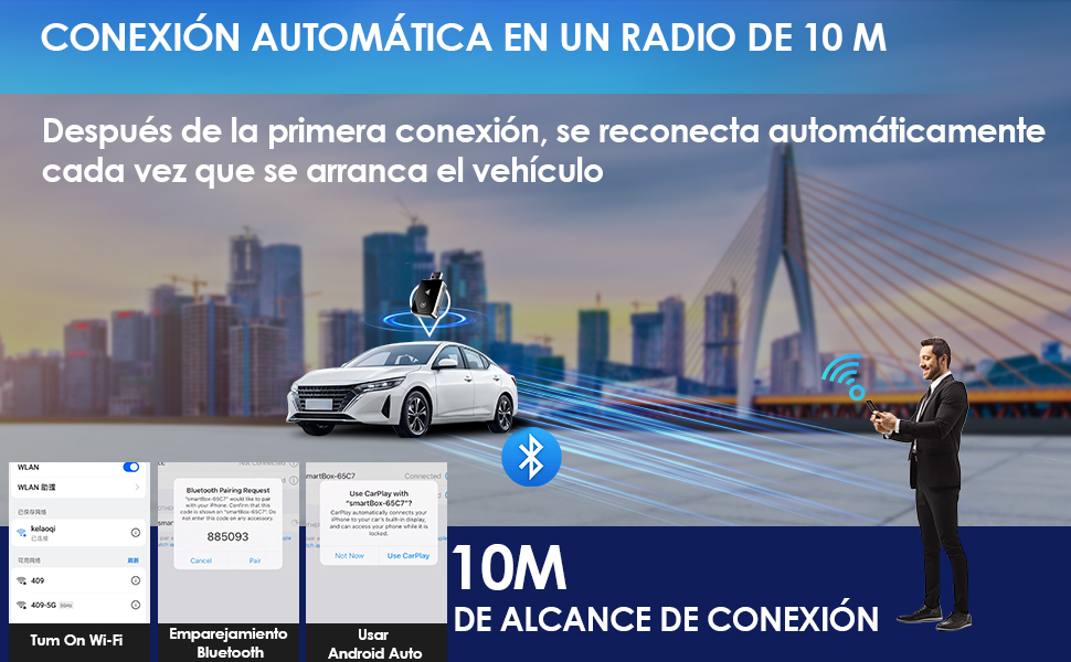 Infografía que muestra la conexión Bluetooth automática entre un coche blanco y un smartphone en un radio de 10 metros. El hombre está de pie cerca del coche, sosteniendo el teléfono. Horizonte de la ciudad en segundo plano