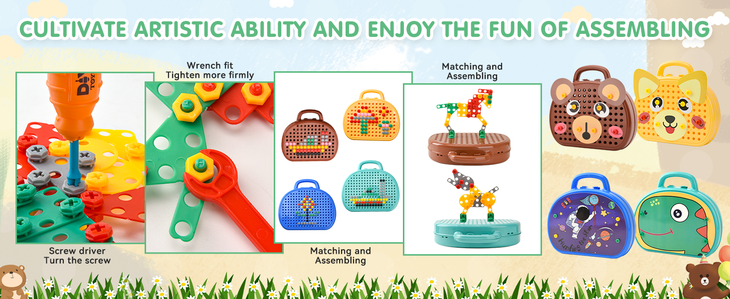 Magic Montessori Play Toolbox Creative Mosaic Puzzle Toy with Drill Screw Tool Set