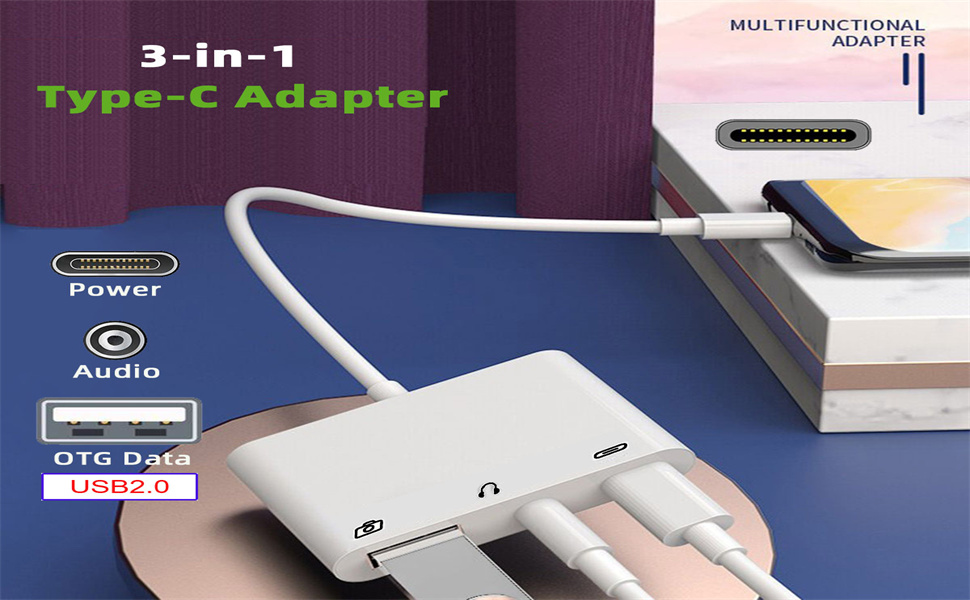 USB C tipo C a audio AUX de 3,5 mm y USB 2.0 OTG