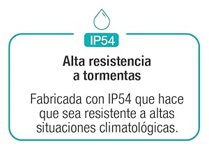 Gráfico que explica la clasificación IP54 para una alta resistencia a las tormentas. El texto indica que el producto está fabricado con la especificación IP54 para resistir condiciones climáticas extremas