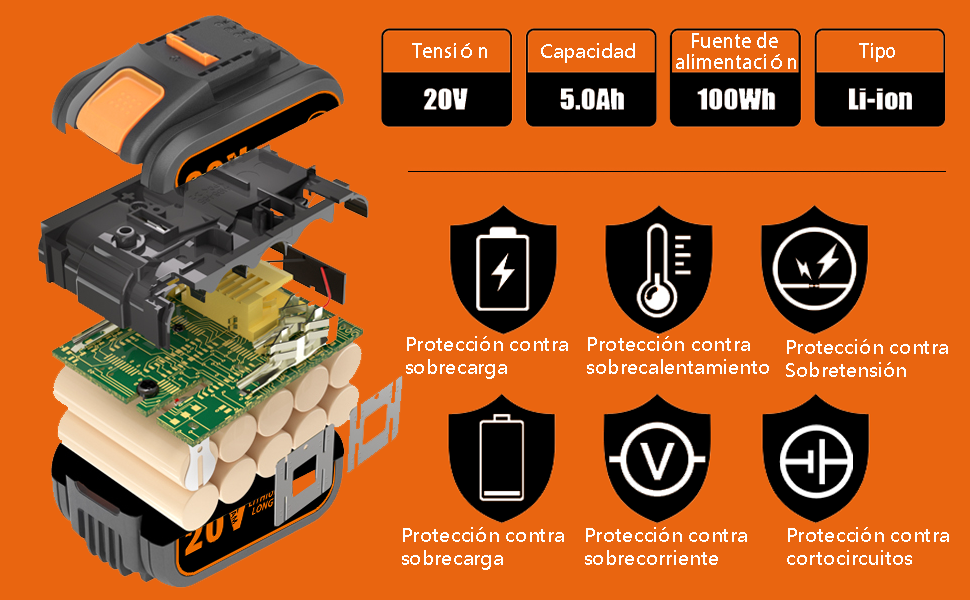 Batería de repuesto de 20 V para Worx WA3553. Voltaje: 20 V. Capacidad: 5000 mAh ion de litio