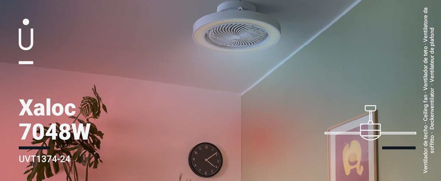 ventilador de techo tipo box fan, ventilador de techo blanco, ventilador con aspas ocultas