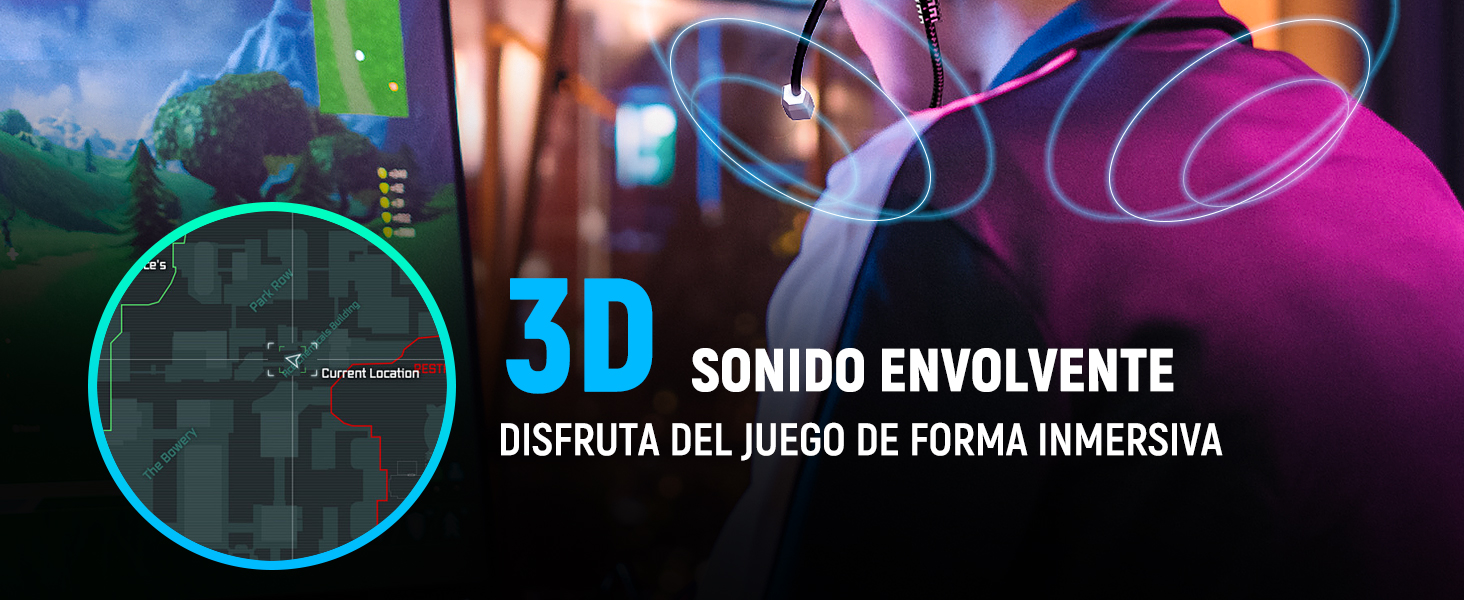 Imagen de juego colorida con el texto «3D SONIDO ENVOLVENTE», que enfatiza la experiencia de audio inmersiva. Se ven formas abstractas y una interfaz circular parcial