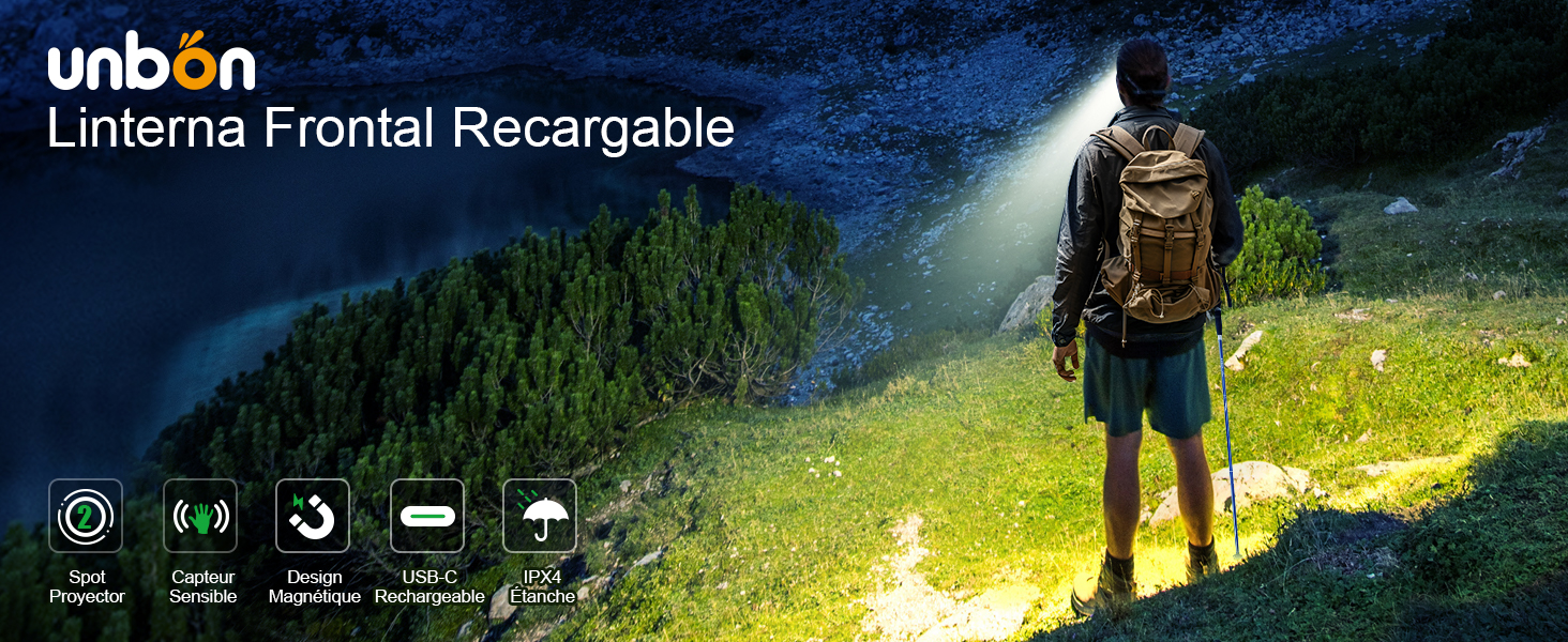 El texto dice «unbon» y «APPLICABLE SCENE». Imagen de marketing que muestra a una persona caminando por un sendero que atraviesa el bosque con la luz del sol filtrándose a través de los árboles.