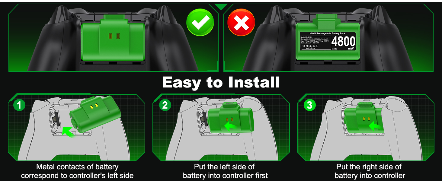 Guía de instalación que muestra el proceso de tres pasos para colocar una batería verde, con una marca de verificación y los símbolos X que indican