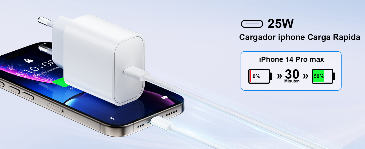 El texto dice «25 W». La imagen del producto muestra un dispositivo de carga blanco con una pantalla indicadora de carga del iPhone que muestra la capacidad de carga rápida.