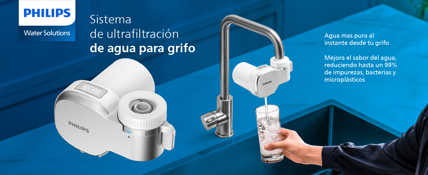 Philips ON-Tap ultrafiltración reduce 99% impurezas, bacterias, microplásticos.