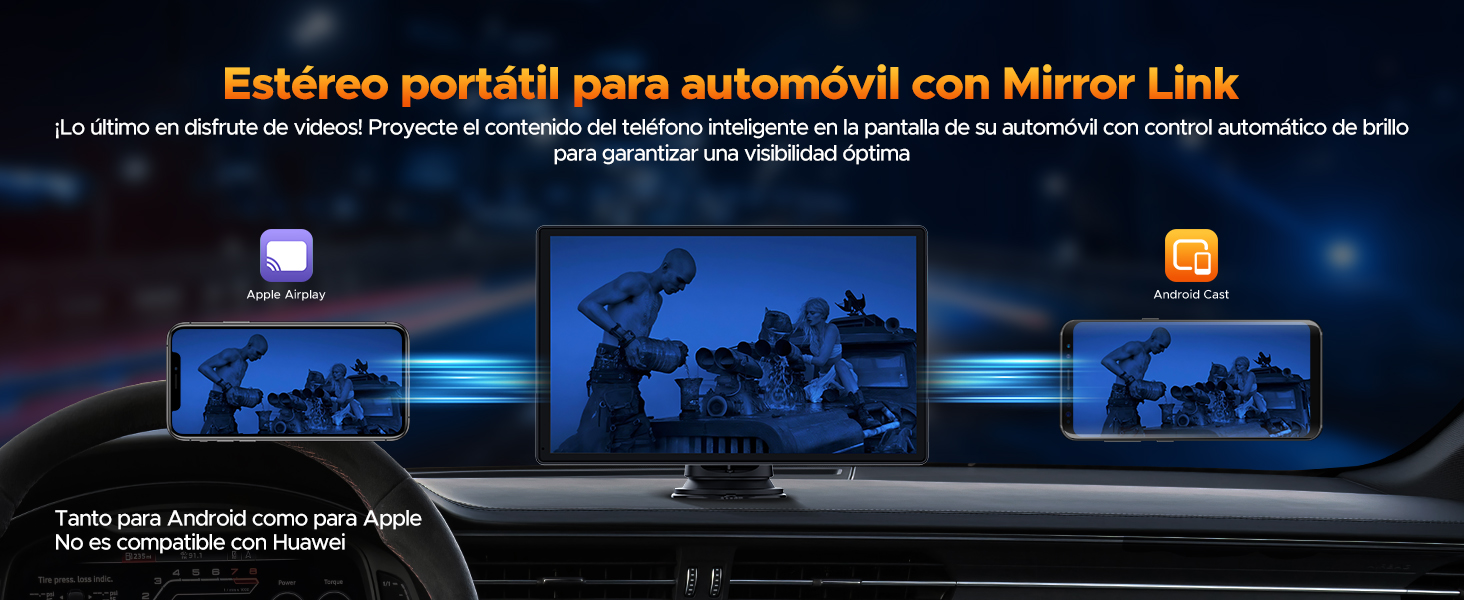 Interfaz de salpicadero digital que muestra la conectividad Mirror Link entre la pantalla del automóvil y los dispositivos móviles, con gráficos de tecnología azul.
