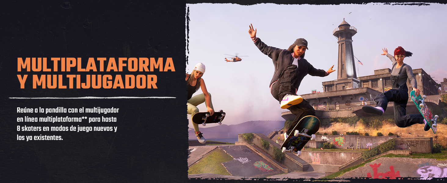 Captura de pantalla promocional de un juego que muestra a personajes saltando y posando frente a un faro, con el texto en español «Multiplataforma y Multijugador» que indica las funciones multijugador.