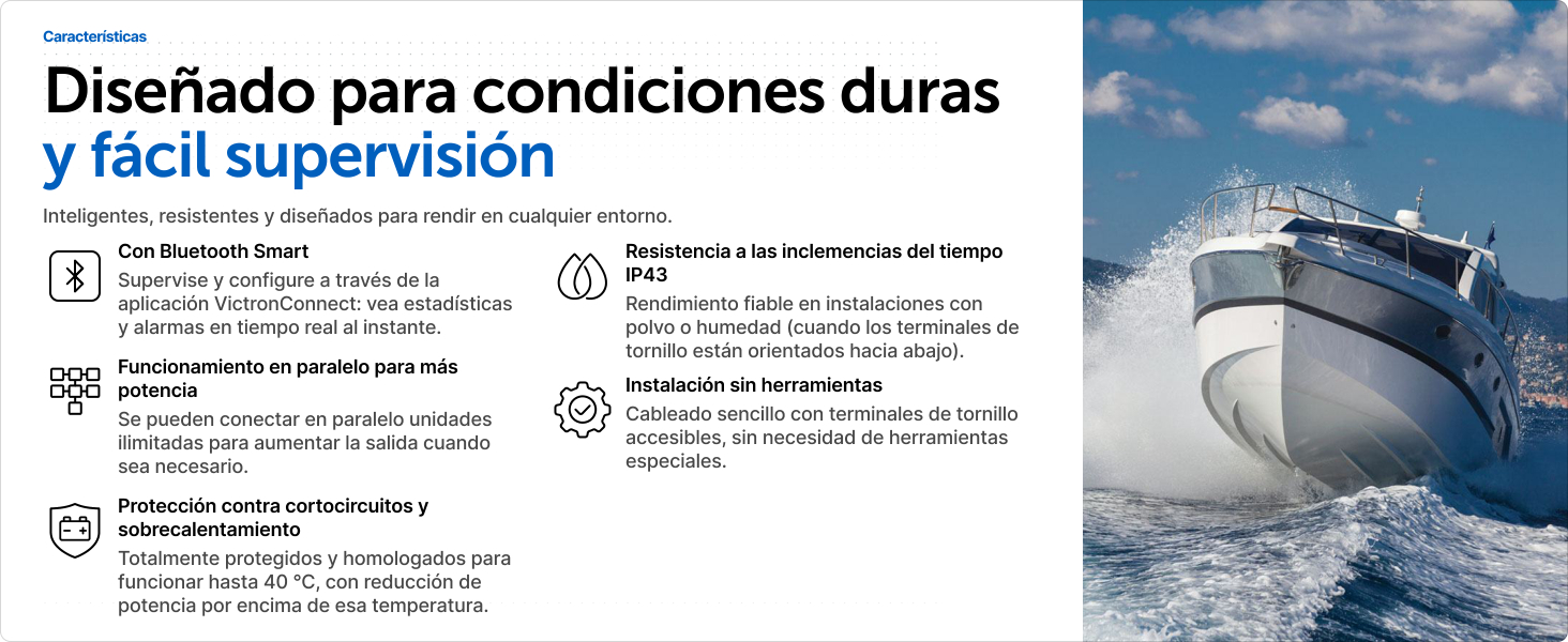 Texto: «Diseñado para condiciones duras y fáciles de supervisar». Diagrama instructivo que muestra varios pasos con texto en español e ilustraciones técnicas adjuntas.