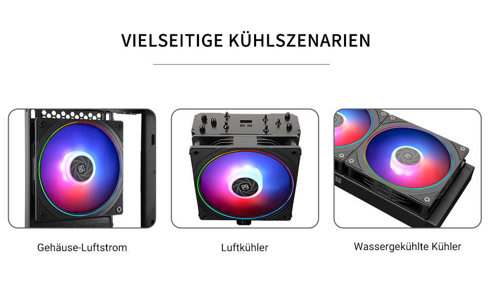 Tres opciones de ventiladores de refrigeración para computadoras: un ventilador de flujo de aire de carcasa, un enfriador de CPU y un ventilador de radiador para refrigeración por agua. Todas cuentan con iluminación RGB con tonos azules y rosas