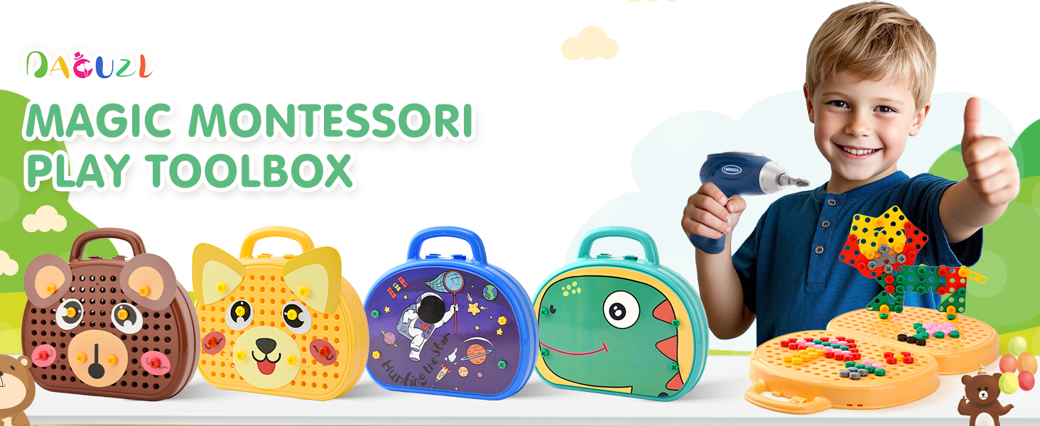 Magic Montessori Play Toolbox Creative Mosaic Puzzle Toy with Drill Screw Tool Set