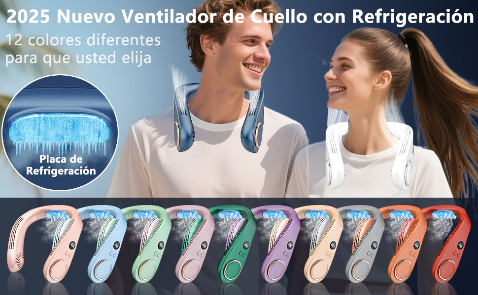 El ventilador de cuello con función de refrigeración se muestra en varias opciones de color, como azul, verde, morado y naranja. Presenta un diseño en forma de herradura con placas de refrigeración visibles.