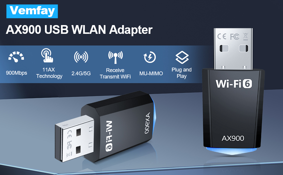 El texto dice «Vendey», «Adaptador WLAN USB AX900» y «Wi-Fi». El adaptador inalámbrico USB negro se muestra desde varios ángulos con especificaciones técnicas.