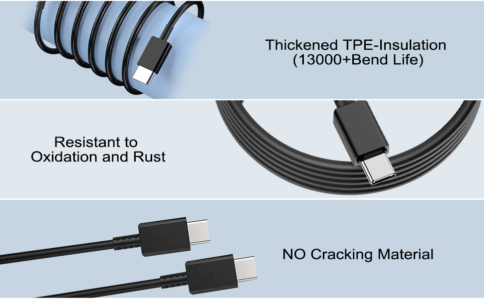 Tres vistas de un cable USB-C negro: enrollado con un aislamiento de TPE engrosado, plano con resistencia a la corrosión y recto que muestra un material que no se agrieta. El texto resalta la vida útil de más de 13000 pliegues.