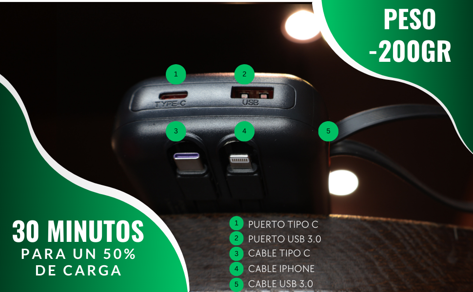 Bateria externa carga rapida con 20000 mah, power bank portatil con cargador usb c w iphone