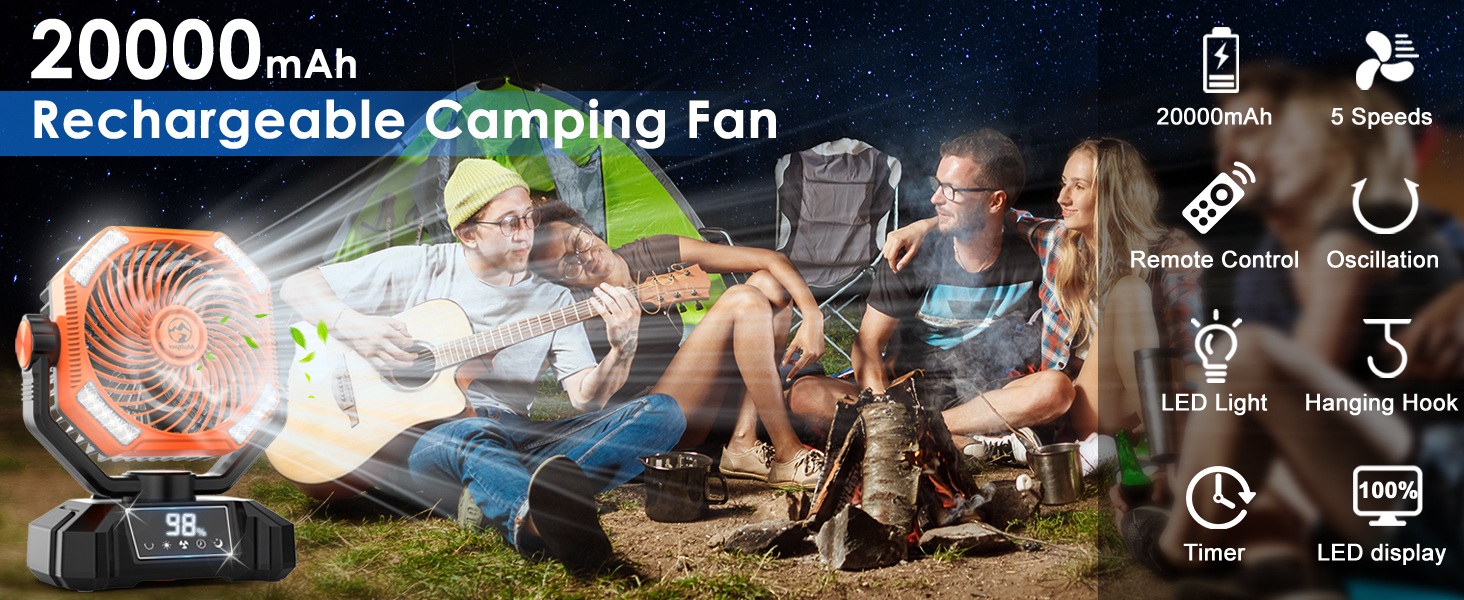 Camping Ventilador con Luz LED 20000 mAh Recargable Vibración Automática Tienda de Campaña
