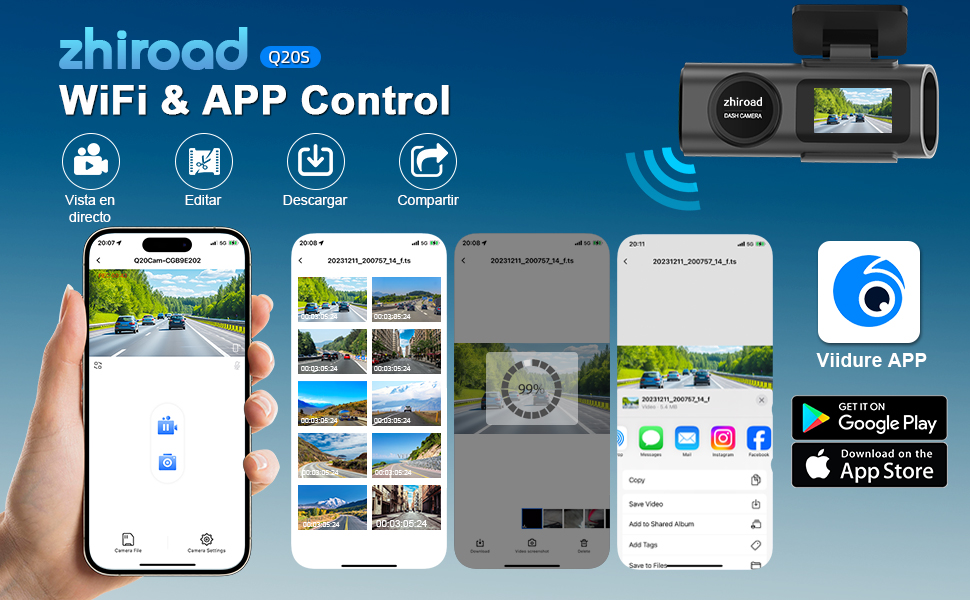 Interfaz de cámara de salpicadero con WiFi de Zhiroad que muestra pantallas de aplicaciones móviles con imágenes de conducción, controles de grabación y opciones de descarga de la tienda de aplicaciones