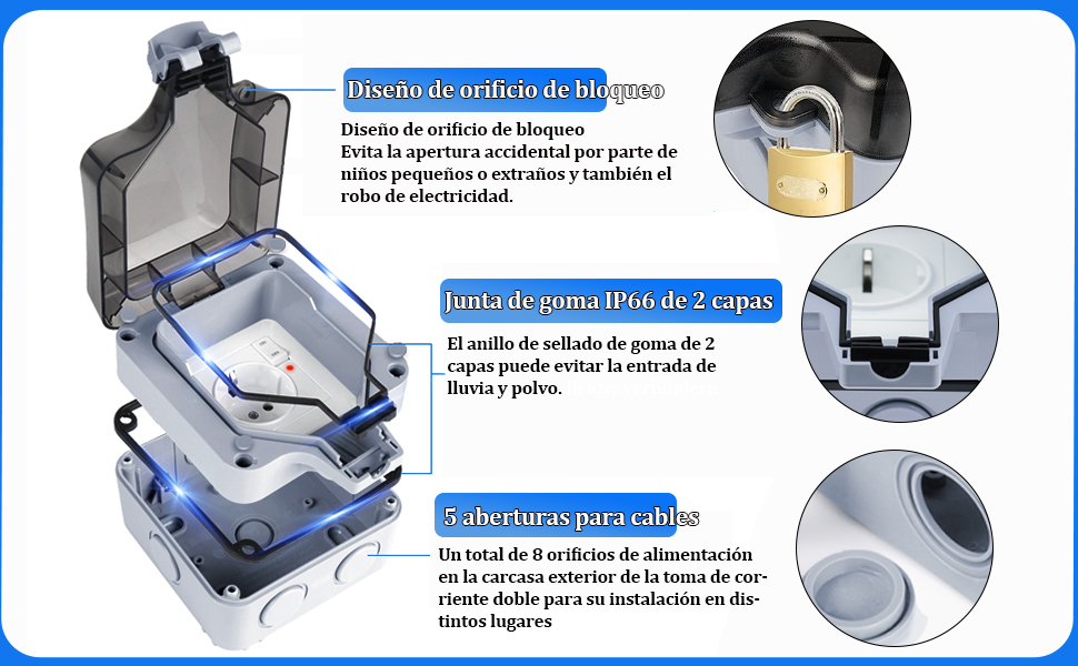 Enchufe Estanco IP66, 3680W Enchufe Exterior Impermeable con Interruptor