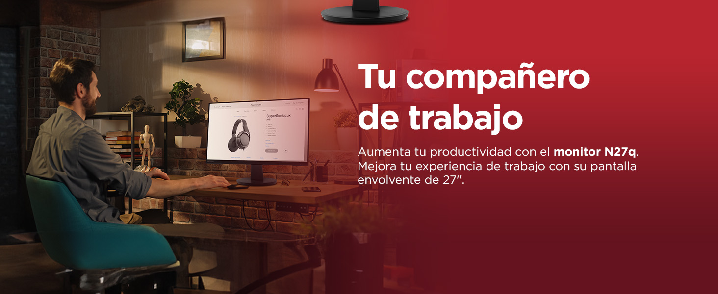 Lenovo N27q monitor 27" fotografía monitor sobre escritorio y usuario