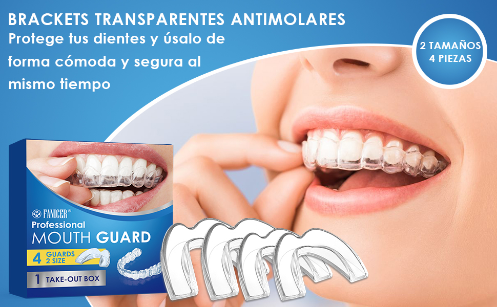 El texto dice «BRACKETS TRANSPARENTES ANTIMOLARES» y «Protege tus dientes y evita de forma cómoda y segura al mismo tiempo». Anuncio que muestra protectores bucales dentales transparentes comparando el antes/el después de la protección dental.