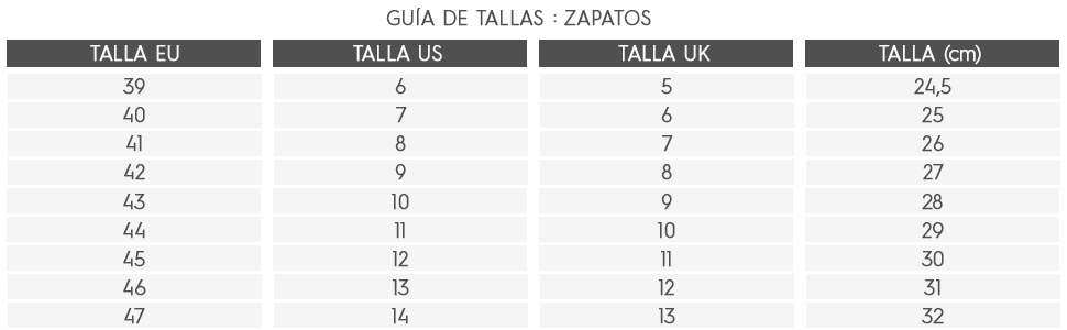 ZAPATOS, GUIA DE TALLAS, QUIKSILVER