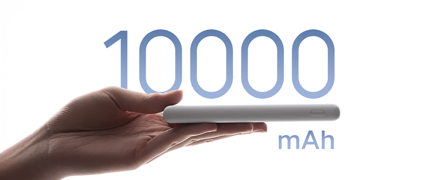 El texto dice «10000 mAh». Sostenga con la mano o presente un objeto invisible con números digitales azules flotando en la parte superior.