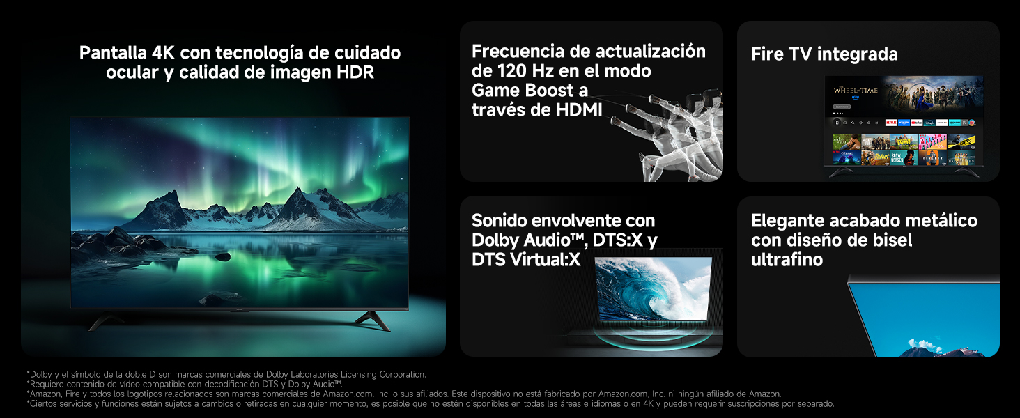 La pantalla del televisor muestra la escena de la aurora boreal y destaca funciones como HDR Black, mejora del color y capacidades de contraste dinámico.