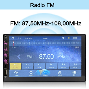 Pantalla estéreo de coche que muestra la interfaz de radio FM. La pantalla muestra la frecuencia de 87.50 MHz. El rango FM de 87.50 MHz-108.00 MHz