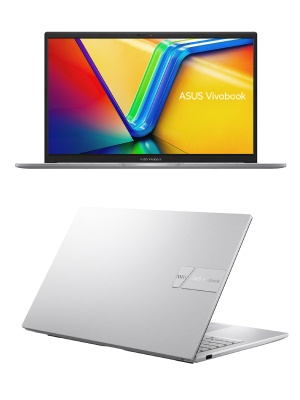 Múltiples ángulos de una elegante computadora portátil con acabado plateado/metálico, que muestra un contenido de pantalla vibrante y colorido.