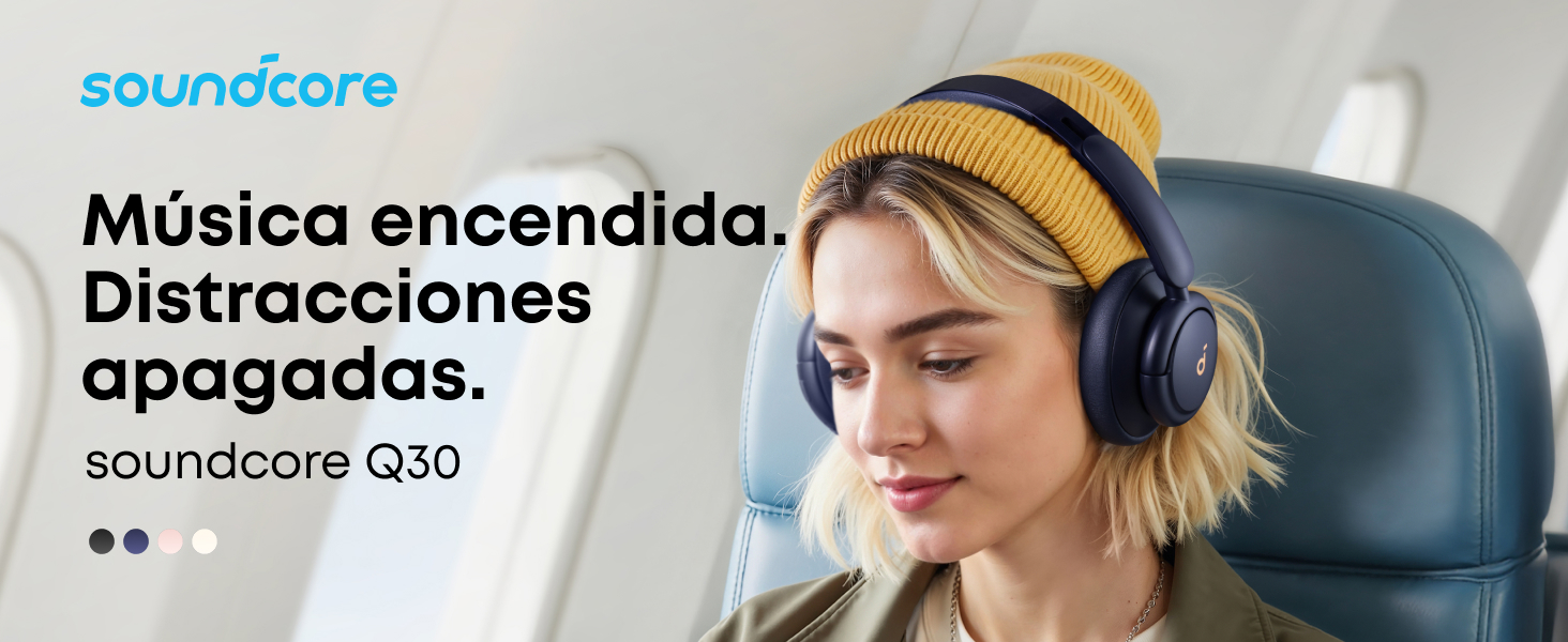 El texto dice «Música encendida. Distracciones apagadas. ' 'soundcore Q20'. Persona que lleva auriculares inalámbricos en varias poses.