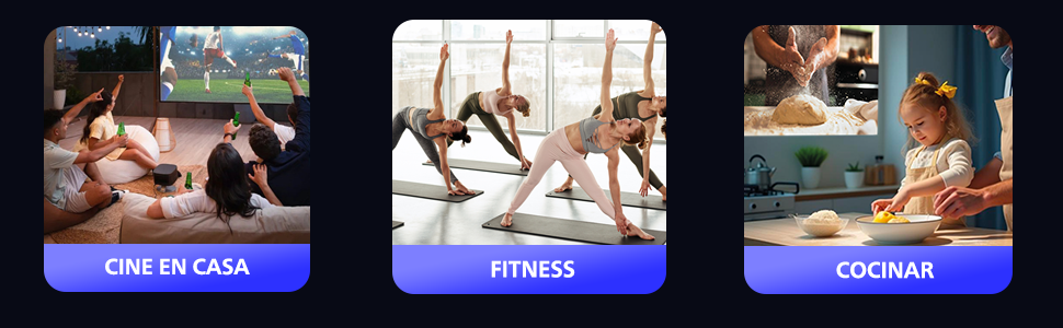 El texto dice «CORE & CAVA», «FITNESS», «CRUNCH». Tres imágenes promocionales enlazadas que muestran actividades relacionadas con el ejercicio o la actividad física.